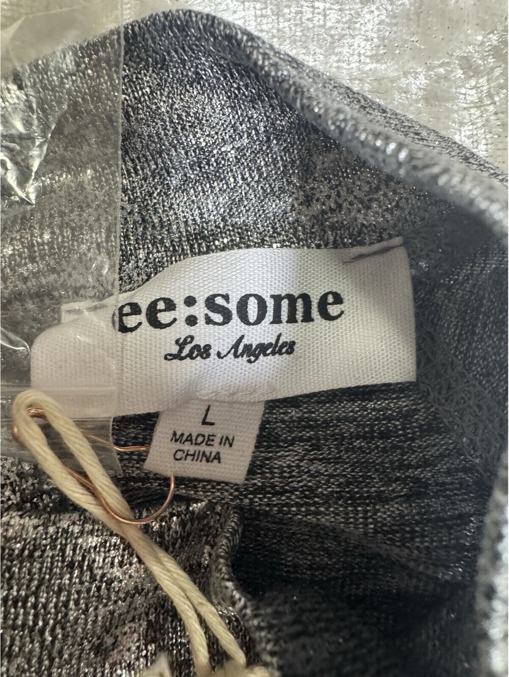 ee:some Women’s L Silver/Black Metallic Abstract Mock Neck Cap Sleeve Knit Top - Picture 3 of 5